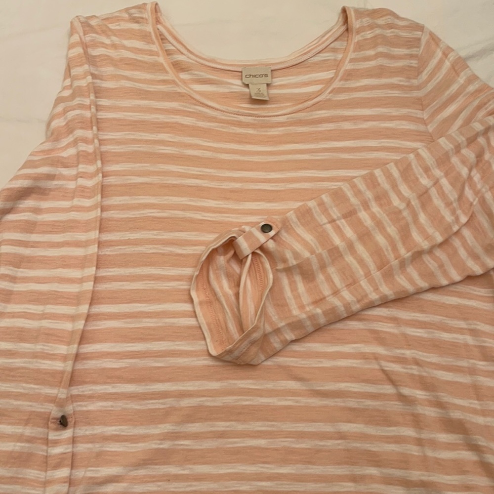 Chico’s Pink and White Stripe 3/4 Sleeve T-shirt